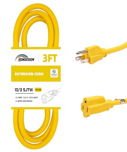 Extension Cord Weatherproof, UL Certified, 10 Gauge 3FT Yellow 3 Prong Heavy Duty, 10/3 SJTW 15A Power Cord for Lights, Appliances, Lawn - color: Yellow, size: 3FT, style: 10/3