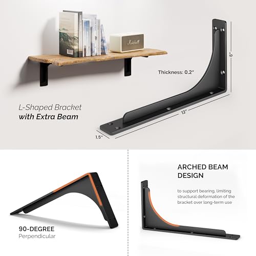 BATODA 12" x 6" L Bracket with Beam - Shelf Brackets Black 300 Lbs Capacity - Heavy Duty Shelving Brackets for Floating Shelves - Wall Mounted Support for DIY – Mounting Hardware Included (Pack 4) - size: 12 Inch