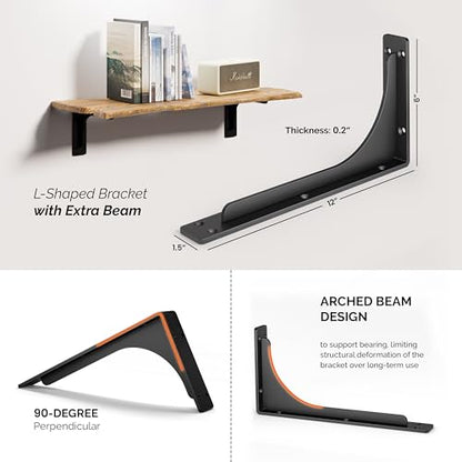 BATODA 12" x 6" L Bracket with Beam - Shelf Brackets Black 300 Lbs Capacity - Heavy Duty Shelving Brackets for Floating Shelves - Wall Mounted Support for DIY – Mounting Hardware Included (Pack 4) - size: 12 Inch