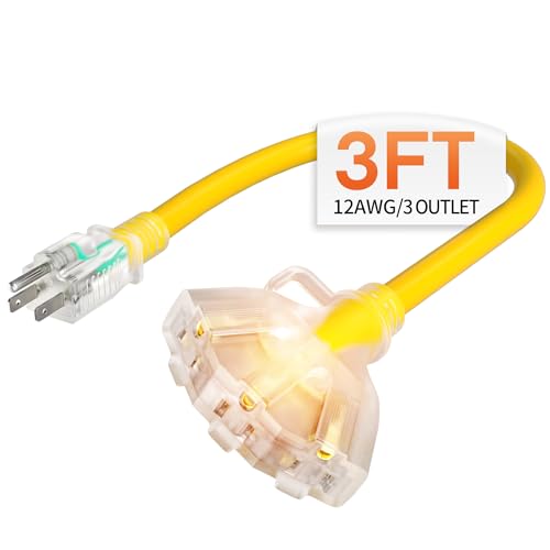 3 ft 12 Gauge Heavy Duty 3 Outlet Extension Cord Splitter with Indicator, Waterproof Outdoor Extension Cord with Multiple Outlets, 15A 1875W for Workshop, ETL Listed, Flexible Yellow SJTW - size: 3FT