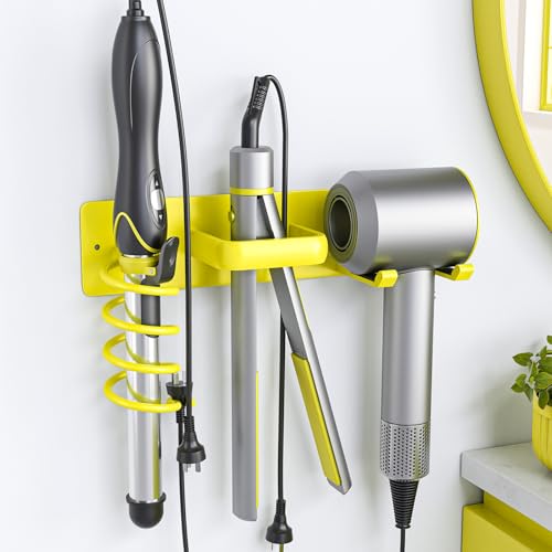 Tindbea Hair Dryer Holder Curling Iron Holder Flat Iron, Blow Dryer Holder Wall Mount, 3 in 1 Bathroom Hair Tool Organizer Rack for Universal Dryer, Bright Yellow - color: Bright Yellow