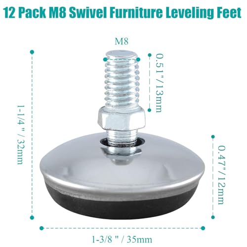Bivethoi 12 Pack M8 Swivel Furniture Leveling Feet Table Leg Levelers, Adjustable Leveling Feet Heavy Duty Sofa Feet with T Nut, Threaded Swivel Foot Pads Chair Glides, 1-9/16 Inch OD - size: M8 (1-9/16 inch)