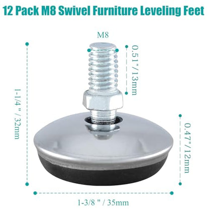 Bivethoi 12 Pack M8 Swivel Furniture Leveling Feet Table Leg Levelers, Adjustable Leveling Feet Heavy Duty Sofa Feet with T Nut, Threaded Swivel Foot Pads Chair Glides, 1-9/16 Inch OD - size: M8 (1-9/16 inch)