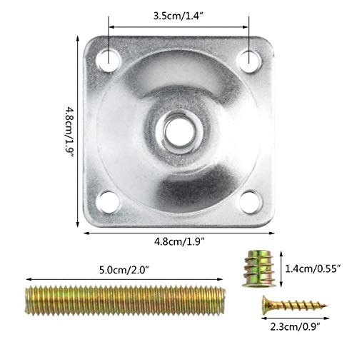 4Pcs Furniture Leg Mounting Plates Kit with M8 Hanger Bolts & Adapters - Heavy Duty T-Plate Repair Kit for Sofa,Couch,Chair,Ottoman, Table Legs, 2"x2" Metal Brackets for Wobbly Furniture Fix - color: Silver