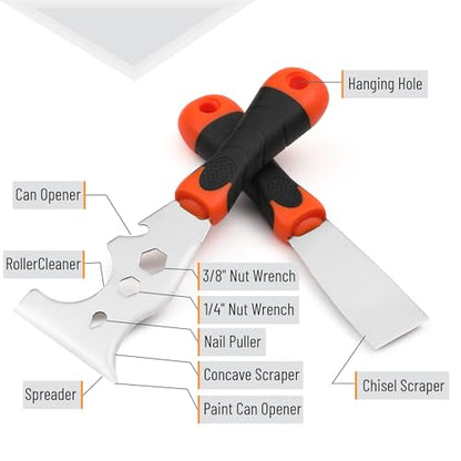 Bates- Paint Scraper Set, 2 Pack, 12 in 1 Painters Tool with 1.5" Stainless Steel Putty Knife, Rubber Handle, Paint Scrapers for Wood, Painters Knife, Paint Scraper for Painting, Metal Scraper