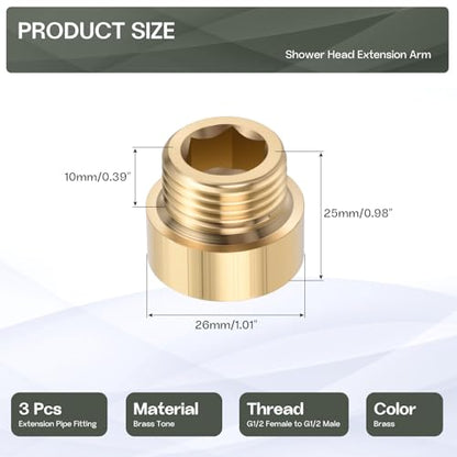 Shower Head Extension Arm, Brass G1/2 Male to Female Thread 25mm/0.98" Length Extender Pipe Fitting Nipple for Showers, Faucets, and Plumbing with PTFE Thread Seal Tape 3 Pack - size: 25mm/0.98"