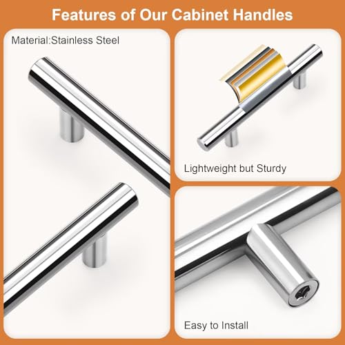 Probrico 5 Pack Hole Centers (76mm) 3inch Polished Chrome Kitchen Cabinet Handles Stainless Steel Polished Chrome Cabinet Pulls Euro Style Pull Handle for Cabinets and Drawers Total Length 5inch - color: Polished Chrome, size: Hole Centers: 3"