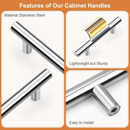 Probrico 5 Pack Hole Centers (76mm) 3inch Polished Chrome Kitchen Cabinet Handles Stainless Steel Polished Chrome Cabinet Pulls Euro Style Pull Handle for Cabinets and Drawers Total Length 5inch - color: Polished Chrome, size: Hole Centers: 3"