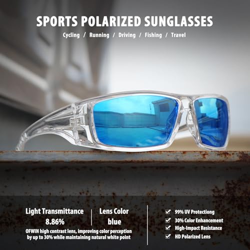 Polarized Sports Sunglasses for Men Women Unbreakable Frame Cycling Fishing Wrap Around Sunglasses UV400 Protection - color: 1-clear Frame/Blue Mirror Lens