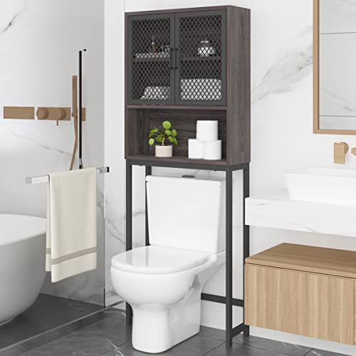 Launica Over The Toilet Storage Cabinet, Industrial Bathroom Organizer Above Toilet, Bathrooms Space Saver Stand with Shelf, Wood and Metal Freestanding Bathrooms Rack Behind The Toilet, Dark Gray Oak - color: Dark Gray Oak