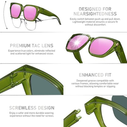 HAOLOTA Polarized Fit Over Glasses Sunglasses for Women Men Trendy Square Wrap Around Shades UV Protection - color: L Size 20 Clear Green/Pink