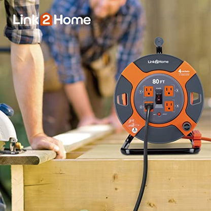 Link2Home Cord Reel 80 ft. Extension Cord 4 Power Outlets – 14 AWG SJTW Cable. Heavy Duty High Visibility Power Cord. - size: 80 ft