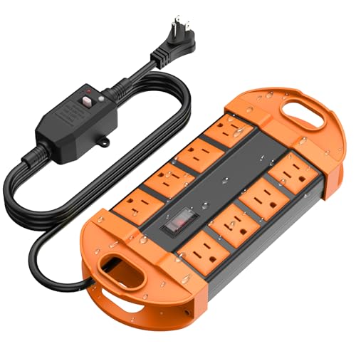 CCCEI GFCI Outdoor Power Strip Weatherproof with 8 AC, Waterproof Extension Cord with Multiple Outlets, Wall Mount Surge Protector Flat Plug, Christmas Exterior Garden, Yard, 10FT, Orange. - color: Orange, size: 10FT