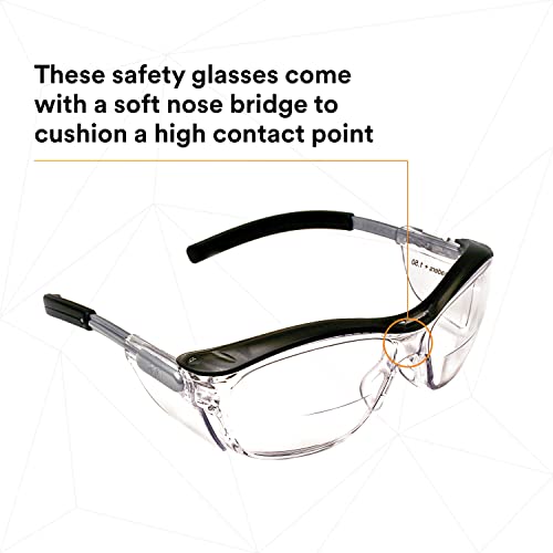 3M Safety Glasses with Readers, Nuvo Protective Eyewear, +1.5, ANSI Z87, Clear Lens, Retro Gray Frame, Soft Nose Bridge, Side Shields - color: Clear Lens (+1.5), Gray Frame, size: +1.5 Diopter