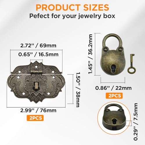 2 Set Jewelry Box Hasp Catch and Lock, Retro Engraved Decorative Hardware Kit with Screws for DIY Wooden Case Furniture Cabinet Suitcase Decoration and Repairs (Antique Bronze)