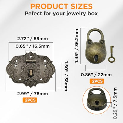 2 Set Jewelry Box Hasp Catch and Lock, Retro Engraved Decorative Hardware Kit with Screws for DIY Wooden Case Furniture Cabinet Suitcase Decoration and Repairs (Antique Bronze)