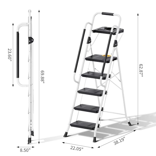KINGRACK Folding 5-Step Ladder, 800 lbs Capacity Step Stool with Safety Lock, Tool Tray, Non-Skid Wide Steps, Handrail, Household Folding Ladder for Home, Garden, Painting, Outdoor, and Garage, White - size: 5-STEP