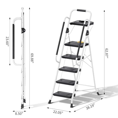 KINGRACK Folding 5-Step Ladder, 800 lbs Capacity Step Stool with Safety Lock, Tool Tray, Non-Skid Wide Steps, Handrail, Household Folding Ladder for Home, Garden, Painting, Outdoor, and Garage, White - size: 5-STEP