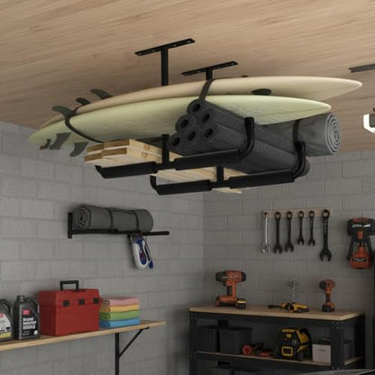 4 Pack Overhead Garage Storage Hooks, 17" Heavy Duty Ceiling Mount Hangers, Double T-Bar Metal Ladder Ceiling Racks, Hanging for Bike, Pipe Lumber, Fishing Rod, Sports Equipment