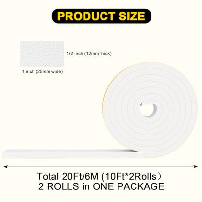 Foam Weather Stripping Strong Adhesive, 1 in x 1/2 in x 20Ft White Weather Strips, Tool-Free for Multi-Room Wide Medium-Large Gap Sealing - color: White, size: 1 In x 1/2 In x 20Ft