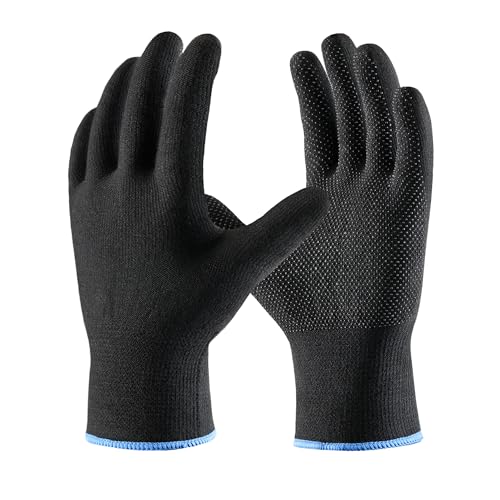 COOLJOB 12 Pairs Cotton Work Gloves with Non-Slip Grip Dots, Breathable Lightweight Gloves for Construction Gardening - color: Black (Pack of 12), size: Large