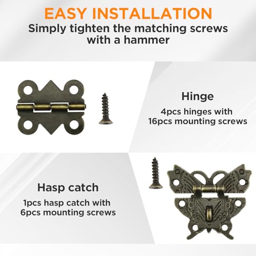 1 Set Retro Engraved Jewelry Box Hinges Hasp Catch Lock Set, Decorative Hardware Kit with Screws for DIY Wooden Case Furniture Cabinet Suitcase Decoration and Repairs (Antique Bronze)