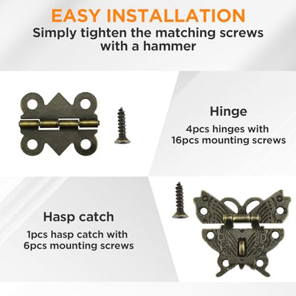 1 Set Retro Engraved Jewelry Box Hinges Hasp Catch Lock Set, Decorative Hardware Kit with Screws for DIY Wooden Case Furniture Cabinet Suitcase Decoration and Repairs (Antique Bronze)