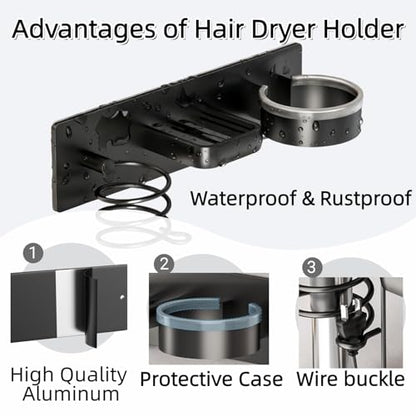 Hair Dryer Holder Wall Mounted Blow Dryer Holder Curling Iron Holder Straightener Holder 3 in 1 Bathroom Metal Hair Tool Organizer Rack（Black） - color: Matte Black