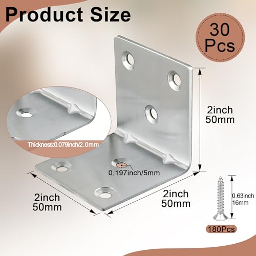 30 Pack Angle Brackets, 2" x 2" Silver Heavy Duty Stainless Steel Corner Brace, L Shaped Shelf Bracket 90 Degree Corner Bracket for Wood Furniture Cabinets Shelves - size: 2"x2"(silver)