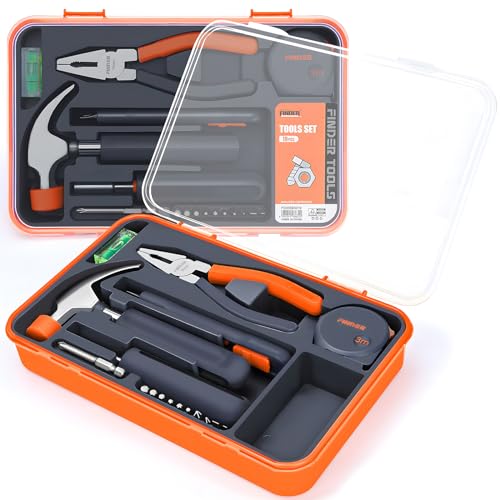 Finder Small Tool Kit 19 Piece General Household Tool Set, Mini Tool Kit Basic Hand Tools Kit with Plastic Toolbox Storage Case for Home Repair (Orange)