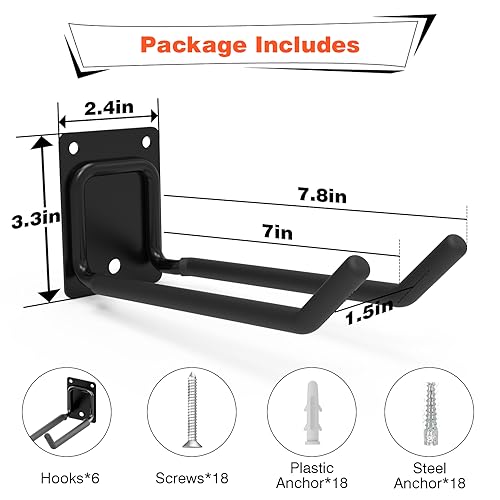 6 Packs 7.8inch Heavy Duty Garage Hooks, Garage Storage Organizer for Tool Organization, Shed Metal Utility Hooks Hanger for Tires, Bikes, Shed, Chair, Ladder, Ski and Snowboard