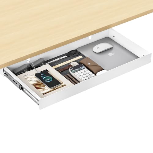 Under Desk Drawer,20.1 inch Carbon Steel Slide-Out Under Table Storage Organizer With Full Extension Ball-Bearing Slides,Undermount Drawer For Standing Desk & Home Office,White - color: White, size: 20.1"