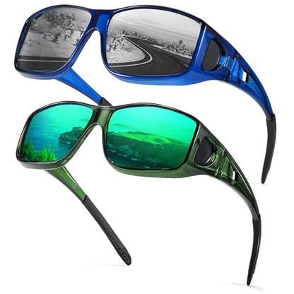 Myiaur Polarized Fit Over Glasses Sunglasses for Men Women, Trendy Wrap Around Sunglasses UV Protection for Driving (2 Pack) - color: A14(2 Pack) Tpblue+tpgreen/Green Lens