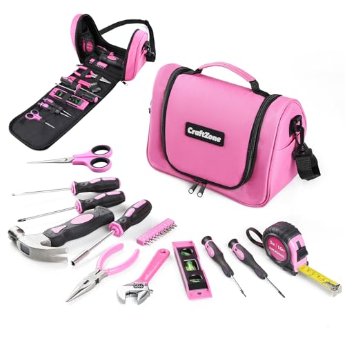 Pink Tool Set,Tool Bag for Women with Shoulder Strap,Basic Tool Kit,21Pcs,Tool Pouch with Zipper,Portable Tool Bag with Tools for Home|Dorm|Office|DIY|Desk|Apartment - color: Pink