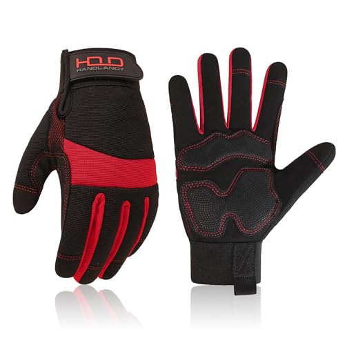 HANDLANDY Hi-vis Reflective Work Gloves, Anti Vibration Safety Gloves, Touch Screen, Orange Flexible Spandex Back - color: Red, size: Large