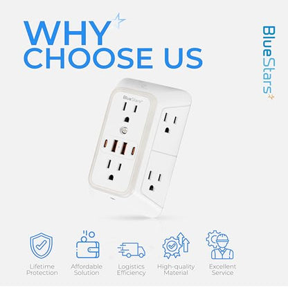Wall Mount Power Strips Wall Charger 6 Outlet Extender 4 USB Ports (5V, 2.4A, 12W) and Night Light 3-Sided Power Strip with Adapter Spaced Outlets - Multi Plug Outlet Surge Protector for Home Office