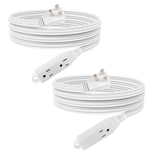EP 15 Ft 3 Outlet Extension Cord with Flat Plug, 3 Prong Grounded, 16/3 SPT-3 Power Cable for Indoor Use, White, 2 Pack - color: White, size: 15 Ft