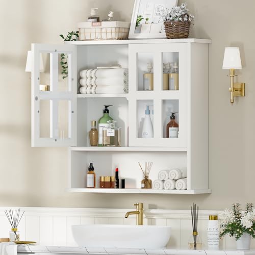 Modern Hanging Bathroom Cabinet, Sturdy Wooden Medicine Cabinet with Buffering Hinge & Anti-Scratch Door, Space-Saving Wall Mounted Over Toilet (Cross-Panel Door) - style: Cross-Panel Door