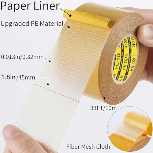 2Pack Double Sided Tape Heavy Duty, 1.8in x 33FT (66FT Total), Universal High Tack Strong Wall Adhesive with Fiberglass Mesh, Super Sticky Resistente Clear Tape, Easy Use Mounting Tape Strips - size: 2 Pack, Each 1.8" X 33ft