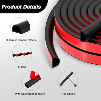 RAINFLOW 20FT Weather Stripping Door Seal - Self Adhesive Door Weather Stripping,D Shaped Silicone Seal Strip for Doors Frame,Window Seals (Black 3/8" W × 1/4" T)