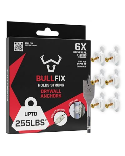 Bullfix Drywall Anchors and Screws Kit - 6 Pack, Holds 255lbs, Heavy Duty Drywall Anchors for Shallow Hollow Cavity with 13/16" Drill Bit, Dry Wall Screws, Heavy Duty Dry Wall Kit - size: 6 Pack