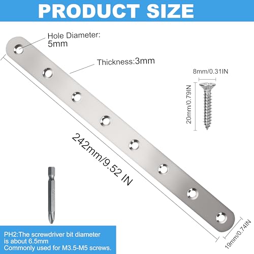 8 Pack Straight Brace,Flat Brace 9.7” x 0.75”,Stainless Steel Flat Metal Braces,Repair Bracket with Screws - size: 246mm/8 Pcs