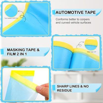 8 Roll Pre-Taped Masking Film for Painting 22'' / 43'' x 82' Plastic Sheeting Roll Automotive Painters Masking Tape Film Sheeting Cover for Walls Trim Appliance Furniture Windows(43'' X 82') - size: 43'' X 82'