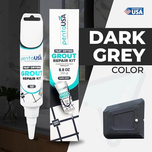PentaUSA Tile Grout Repair Kit - Premixed Acrylic Sanded Grout for Bathroom, Shower & Kitchen, Water-Resistant Tube with Applicator, Fills Cracks and Gaps in Lines, Dark Gray (8.8oz/250gr) - color: Dark Grey