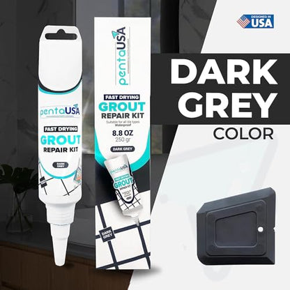 PentaUSA Tile Grout Repair Kit - Premixed Acrylic Sanded Grout for Bathroom, Shower & Kitchen, Water-Resistant Tube with Applicator, Fills Cracks and Gaps in Lines, Dark Gray (8.8oz/250gr) - color: Dark Grey