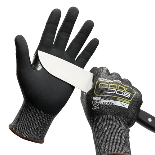 COOLJOB A5 Fiberglass Free Cut Resistant Gloves for Men, Touchscreen, Grip Nitrile Coated, No PFAS, Non Slip, Soft & Durable - color: Black (Pack of 1), size: Medium