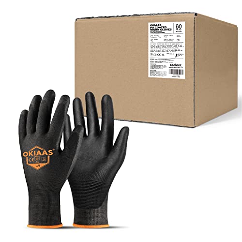 OKIAAS Work Gloves for Men，Ultra Thin and Lightweight Working Gloves with Grip, Bulk Case of 60 Pairs Construction Gloves with Polyurethane Coating, Safety Gloves for Light Duty Work (Black, Large) - color: Black (60 Pairs), size: Large