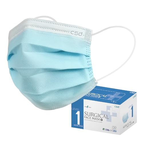CSD Colo 50 Pcs ASTM Level 1 Disposable Face Masks, 3 Ply Adult Mask with Elastic Ear Loop, Nose Bridge Clip, Breathable Comfortable Mask Great for Indoor, Outdoors Use (Blue) - color: ASTM Blue