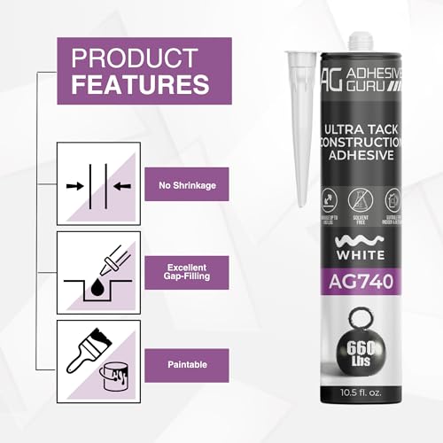 Adhesive Guru AG740 Ultra Tack Hybrid Construction Adhesive (12x10.5 fl oz), Heavy Duty Indoor Outdoor Caulk Sealant, White - 12 Pack - style: 12 Pack