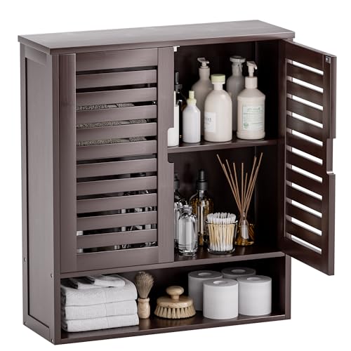 SMIBUY Bathroom Cabinet Wall Mounted, Bamboo Over-The-Toilet Storage Organizer, Space Saver Medicine Cabinet with 2 Door and Adjustable Shelves (Dark Brown) - color: Brown